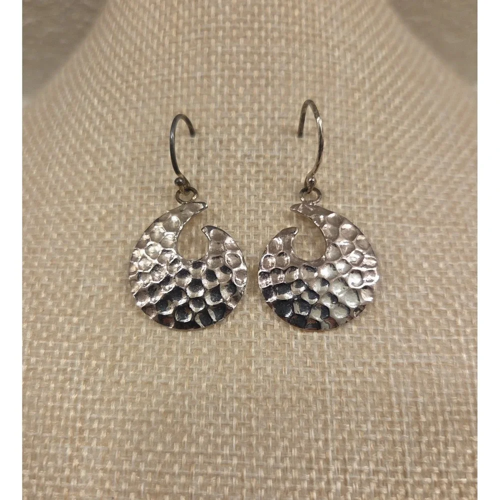 Vintage Sterling Silver‎ Hammer Finished Modernist Dangle Earrings